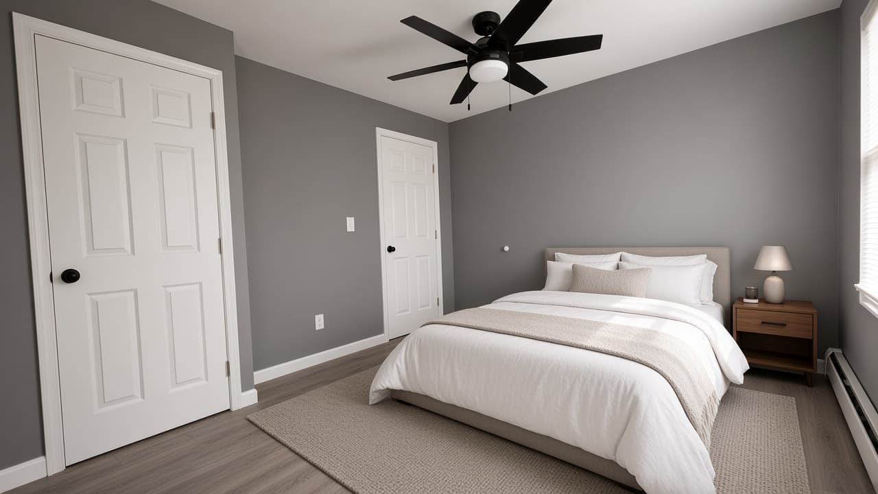 Virtually staged bedroom. The bed, nightstand, and rug are not in the residence.